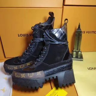 Louis Vuitton Run Away Black Monogram Stripe Croc Leather Suede Ankle Boots