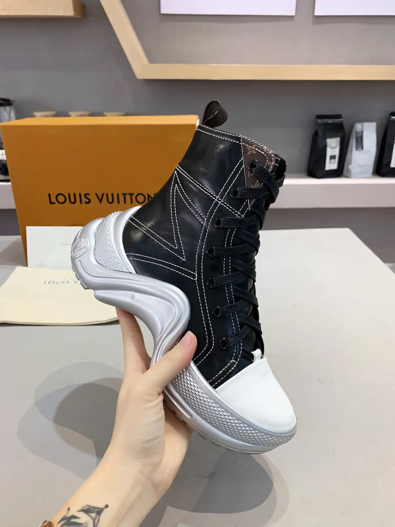 Louis Vuitton Run Away Black White High-Top Sculpted Sole Lifestyle Sneakers 2