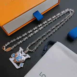 Louis Vuitton Silver Blue Chain Enamel-Accented Pendant Necklace