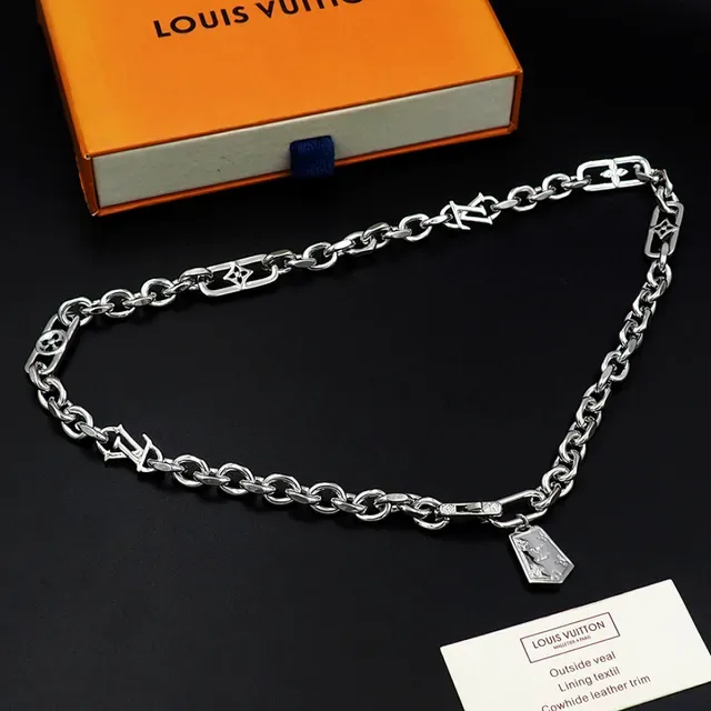 Louis Vuitton Silver Chunky Curb Chain Monogram-Charm Interspersed Necklace 4