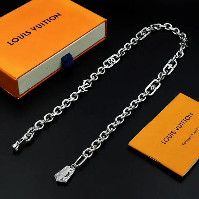 Louis Vuitton Silver Chunky Curb Chain Monogram-Charm Interspersed Necklace 6