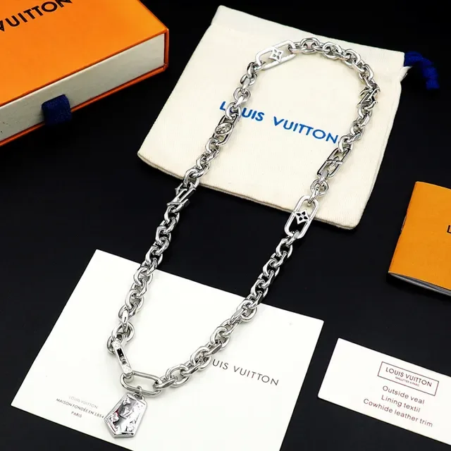 Louis Vuitton Silver Chunky Curb Chain Monogram-Charm Interspersed Necklace 11