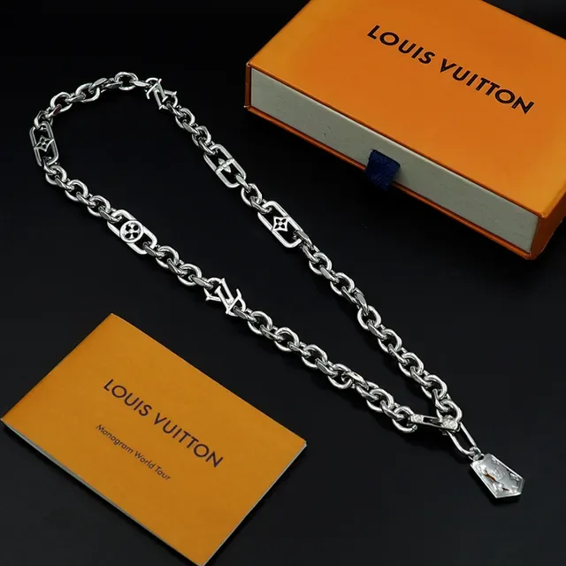 Louis Vuitton Silver Chunky Curb Chain Monogram-Charm Interspersed Necklace 12