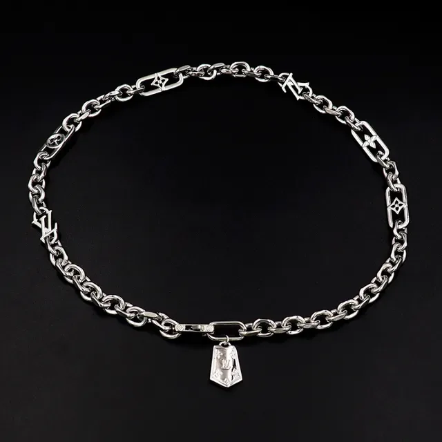 Louis Vuitton Silver Chunky Curb Chain Monogram-Charm Interspersed Necklace 13