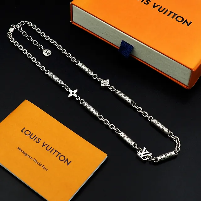 Louis Vuitton Silver Metal Monogram-Engraved Cylindrical Links Necklace 2