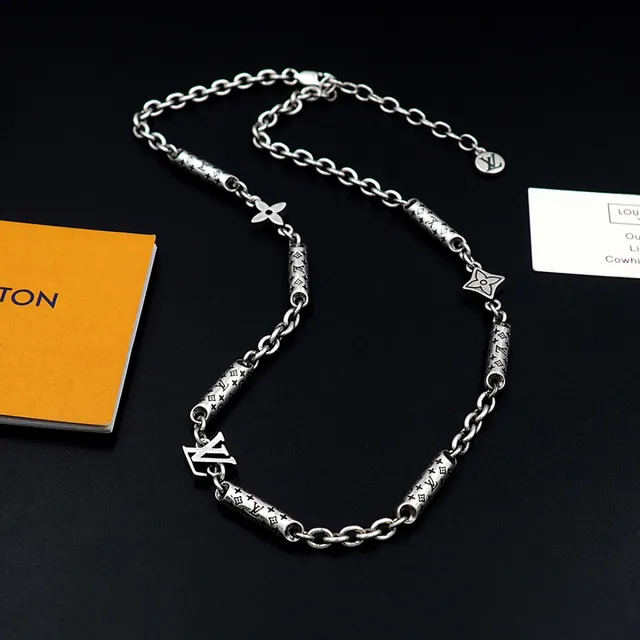Louis Vuitton Silver Metal Monogram-Engraved Cylindrical Links Necklace 6