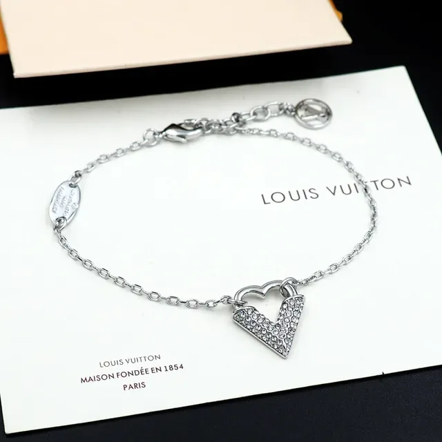 Louis Vuitton Silver Transparent Chain Crystal-Paved Heart Pendant Bracelet 10