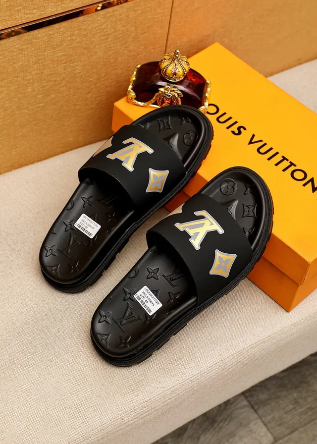 Louis Vuitton Slides Black Yellow Molded Rubber Sole Monogram-Embossed Footbed Slippers 2