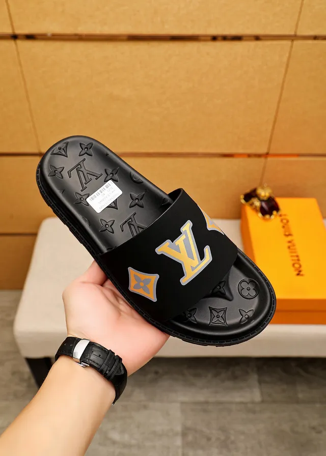 Louis Vuitton Slides Black Yellow Molded Rubber Sole Monogram-Embossed Footbed Slippers 4