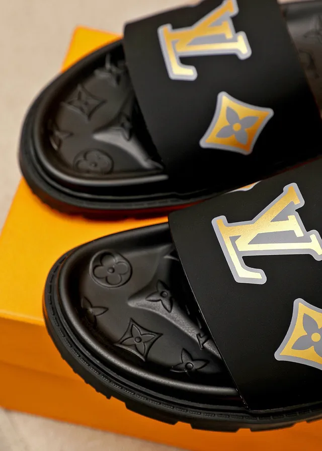 Louis Vuitton Slides Black Yellow Molded Rubber Sole Monogram-Embossed Footbed Slippers 6
