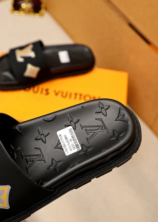 Louis Vuitton Slides Black Yellow Molded Rubber Sole Monogram-Embossed Footbed Slippers 7