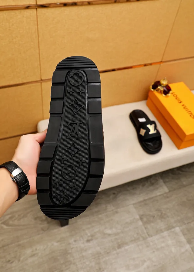 Louis Vuitton Slides Black Yellow Molded Rubber Sole Monogram-Embossed Footbed Slippers 9