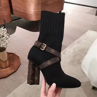 Louis Vuitton Sock Boot Black Brown Ribbed Knit Upper Monogrammed Leather Strap Ankle Boots