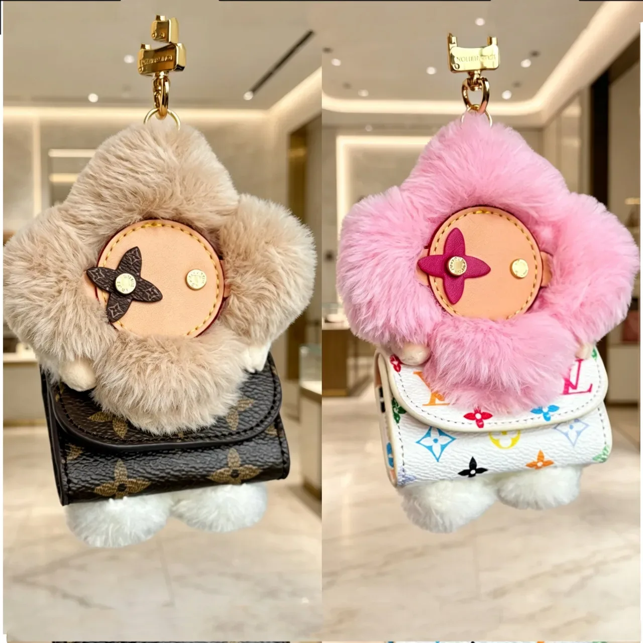 Louis Vuitton Vivienne Pink Beige Floral Plush Charm Faux Fur Trim Handbag 2
