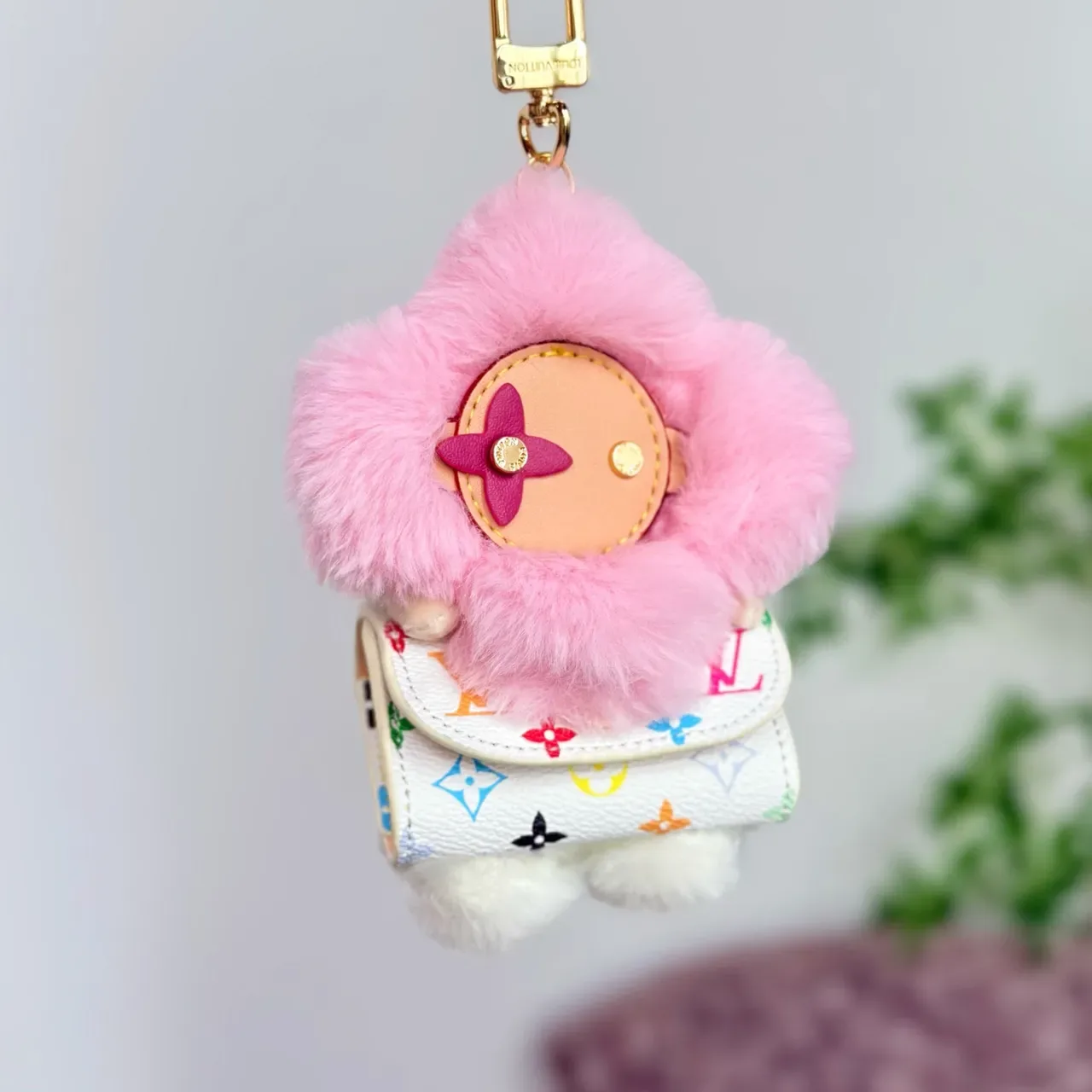 Louis Vuitton Vivienne Pink Beige Floral Plush Charm Faux Fur Trim Handbag 4