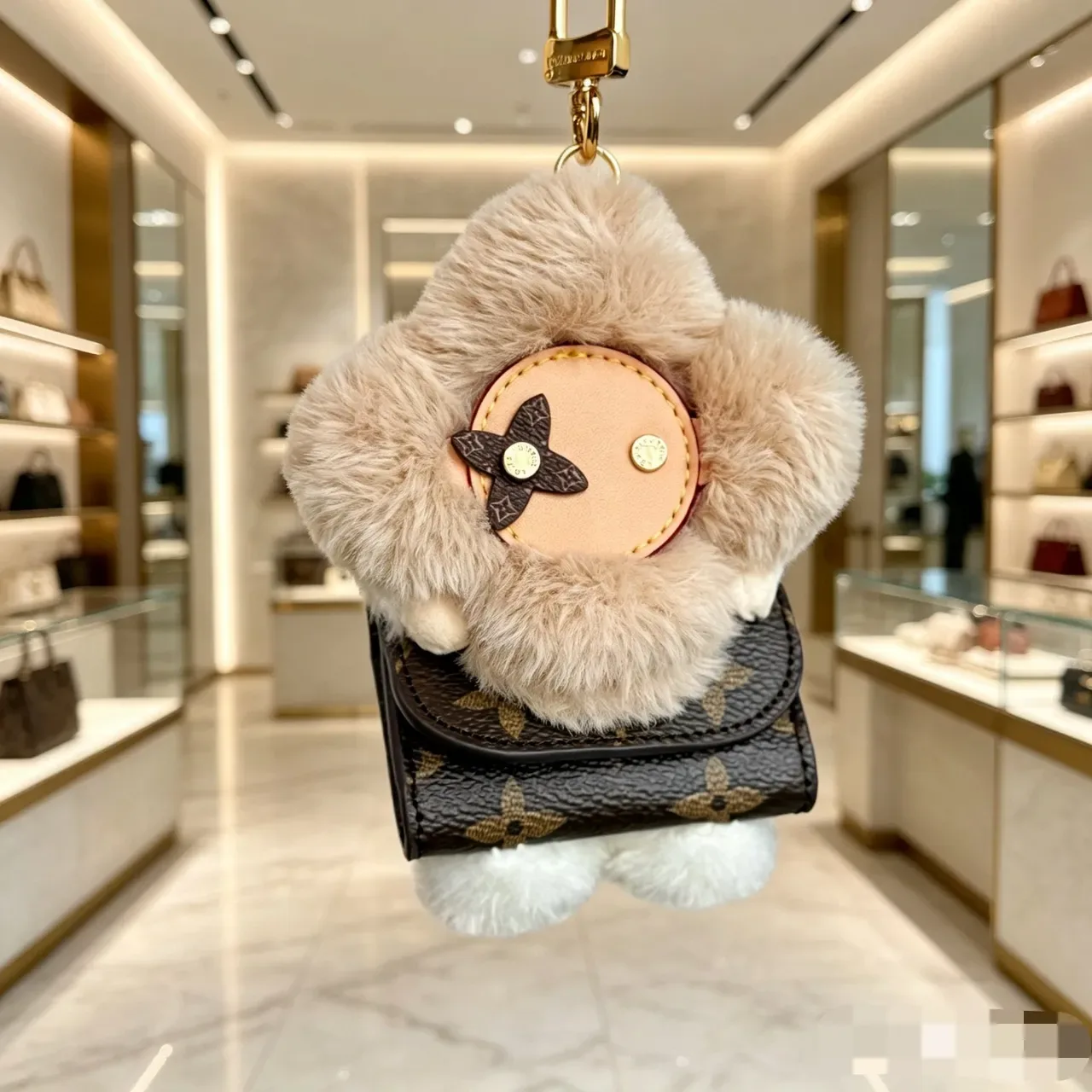 Louis Vuitton Vivienne Pink Beige Floral Plush Charm Faux Fur Trim Handbag 5