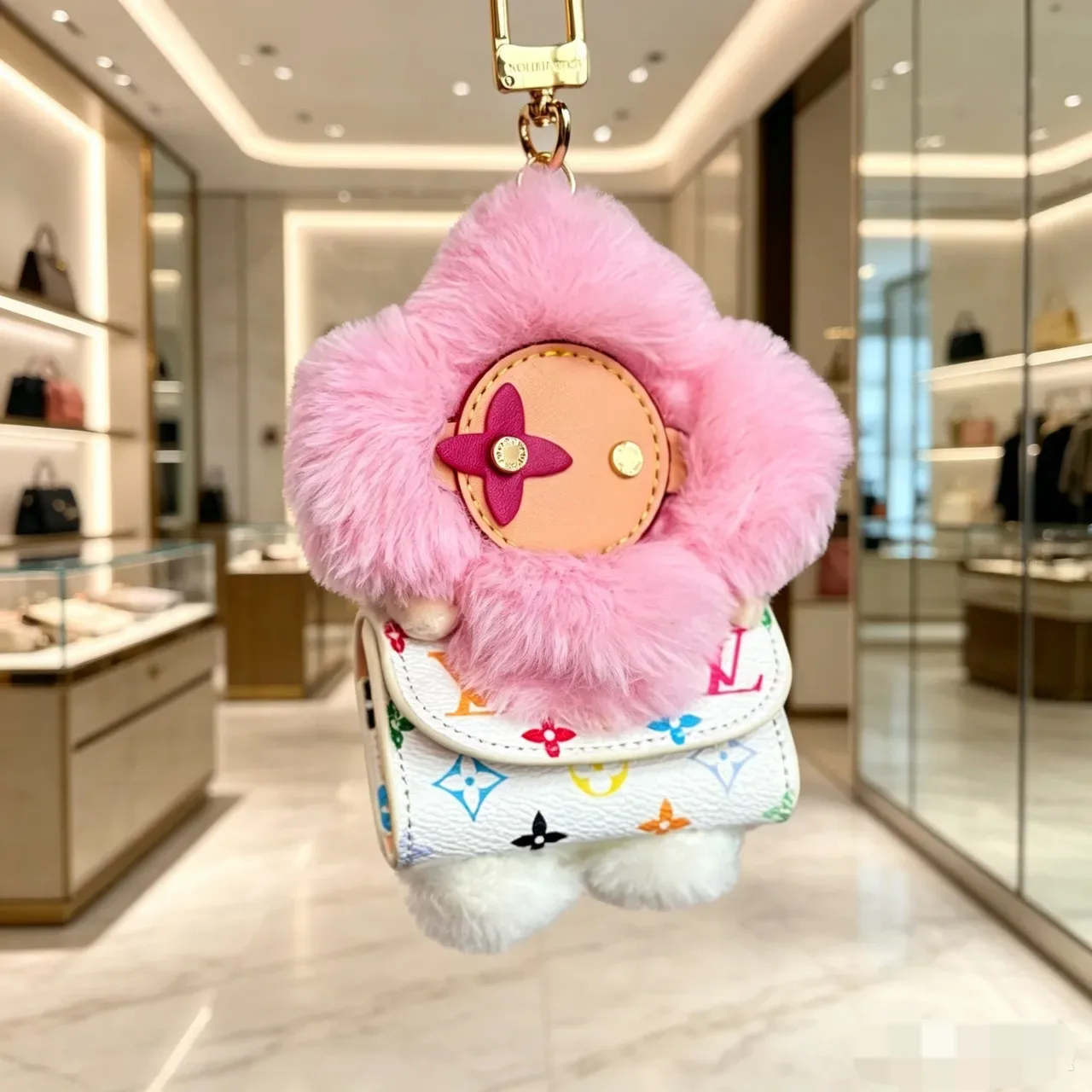 Louis Vuitton Vivienne Pink Beige Floral Plush Charm Faux Fur Trim Handbag 6