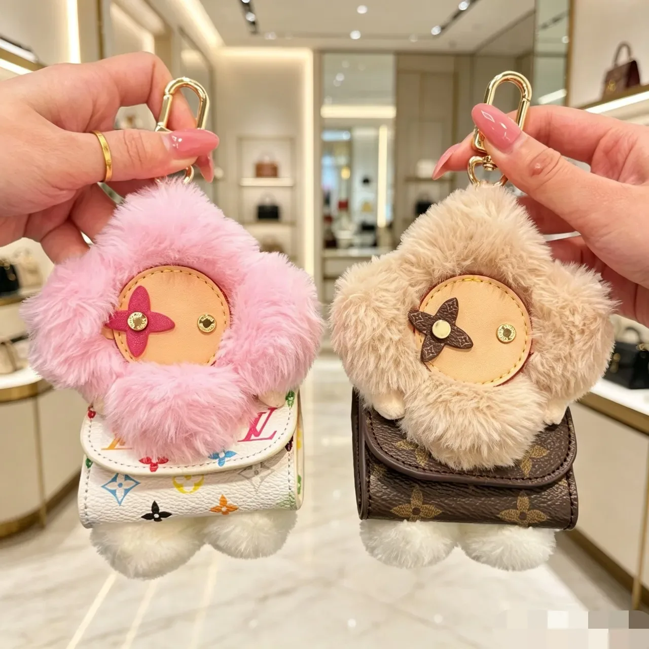 Louis Vuitton Vivienne Pink Beige Floral Plush Charm Faux Fur Trim Handbag 7