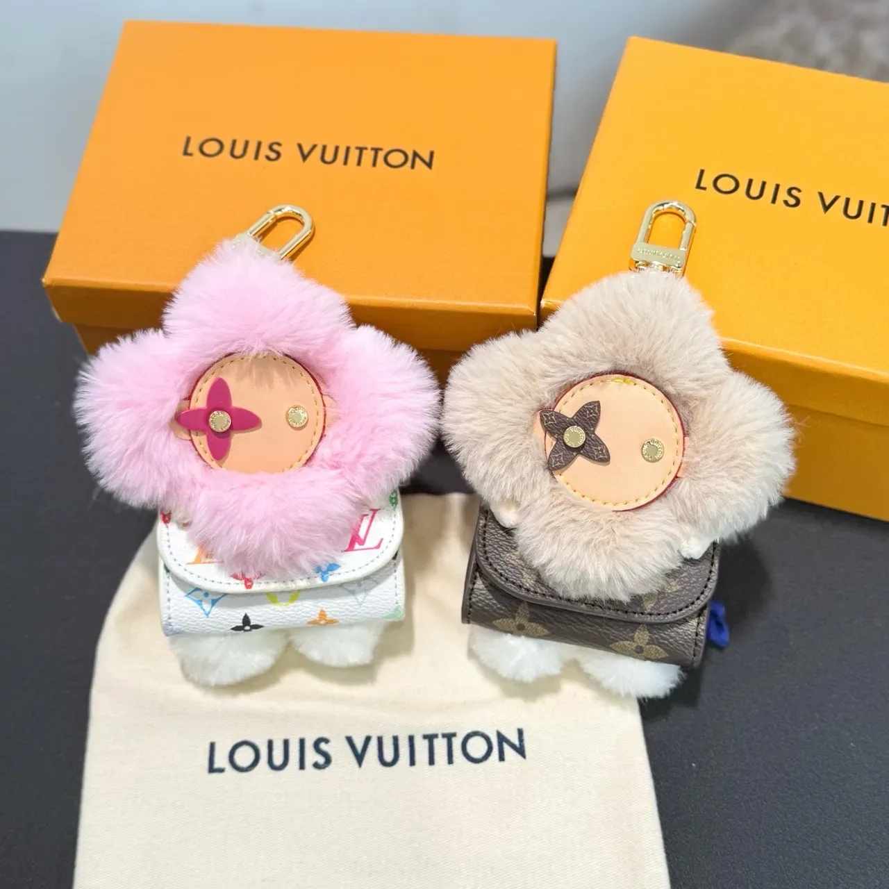 Louis Vuitton Vivienne Pink Beige Floral Plush Charm Faux Fur Trim Handbag 15