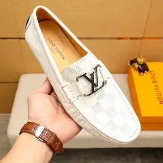 लुई विट्टन सफेद काला Damier चेकर्ड चमड़ा Metal LV बकल लोअफर