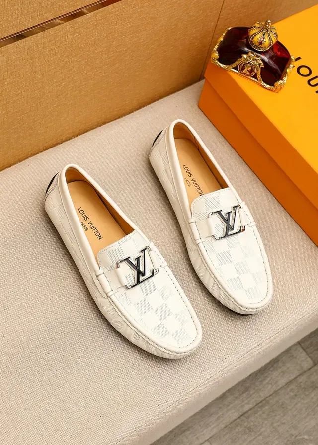 Louis Vuitton White Black Damier Checkered Leather Metal LV Buckle Loafer 2