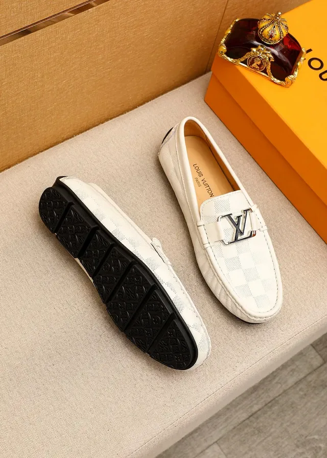 Louis Vuitton White Black Damier Checkered Leather Metal LV Buckle Loafer 3