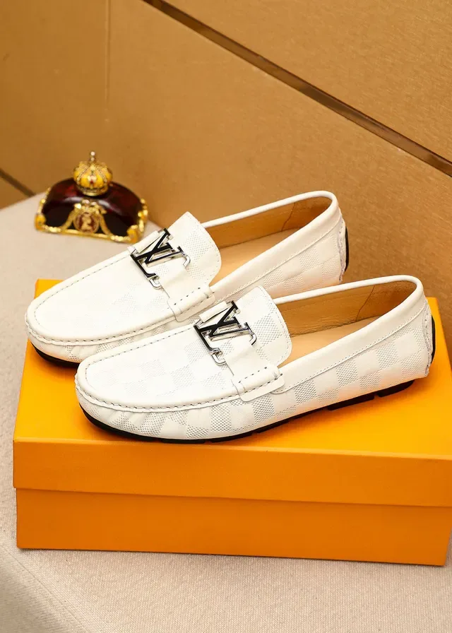 Louis Vuitton White Black Damier Checkered Leather Metal LV Buckle Loafer 4