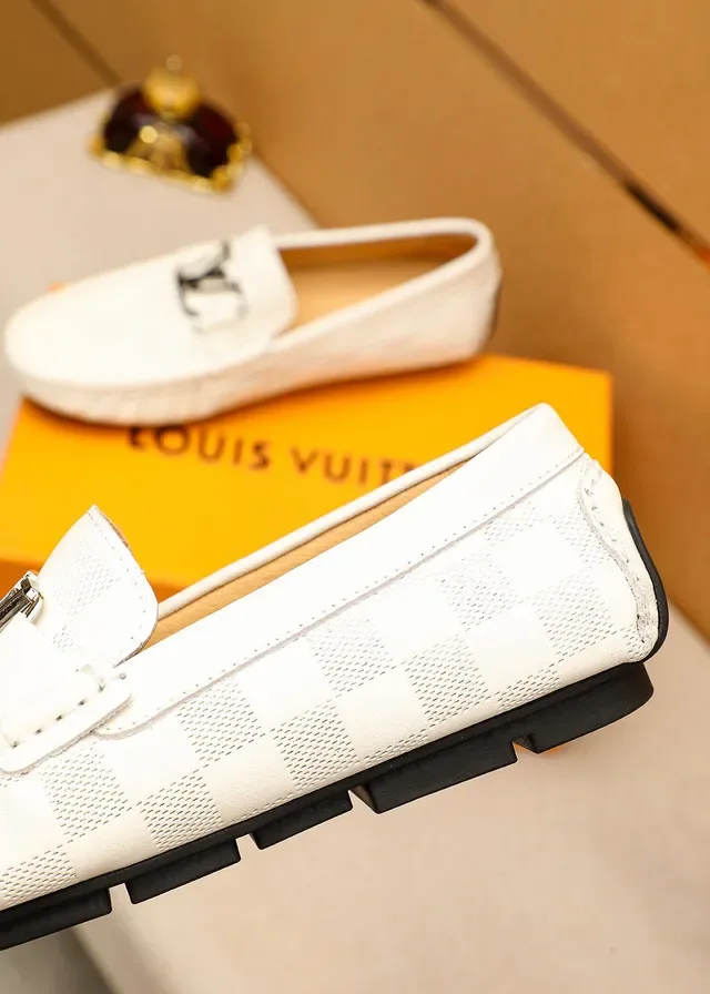 Louis Vuitton White Black Damier Checkered Leather Metal LV Buckle Loafer 6