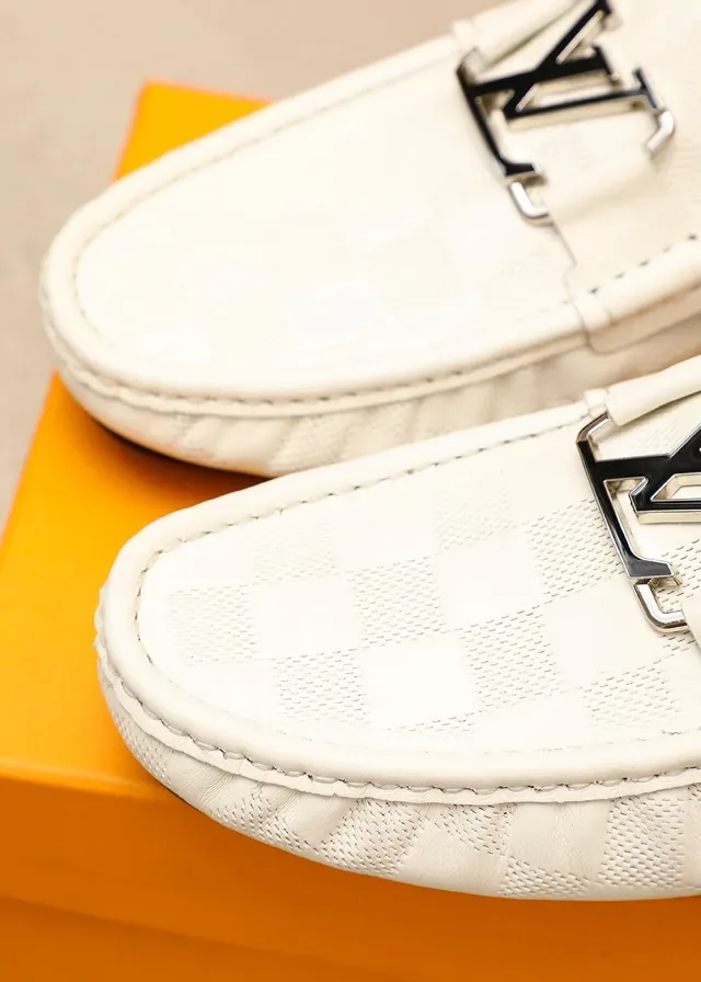 Louis Vuitton White Black Damier Checkered Leather Metal LV Buckle Loafer 7