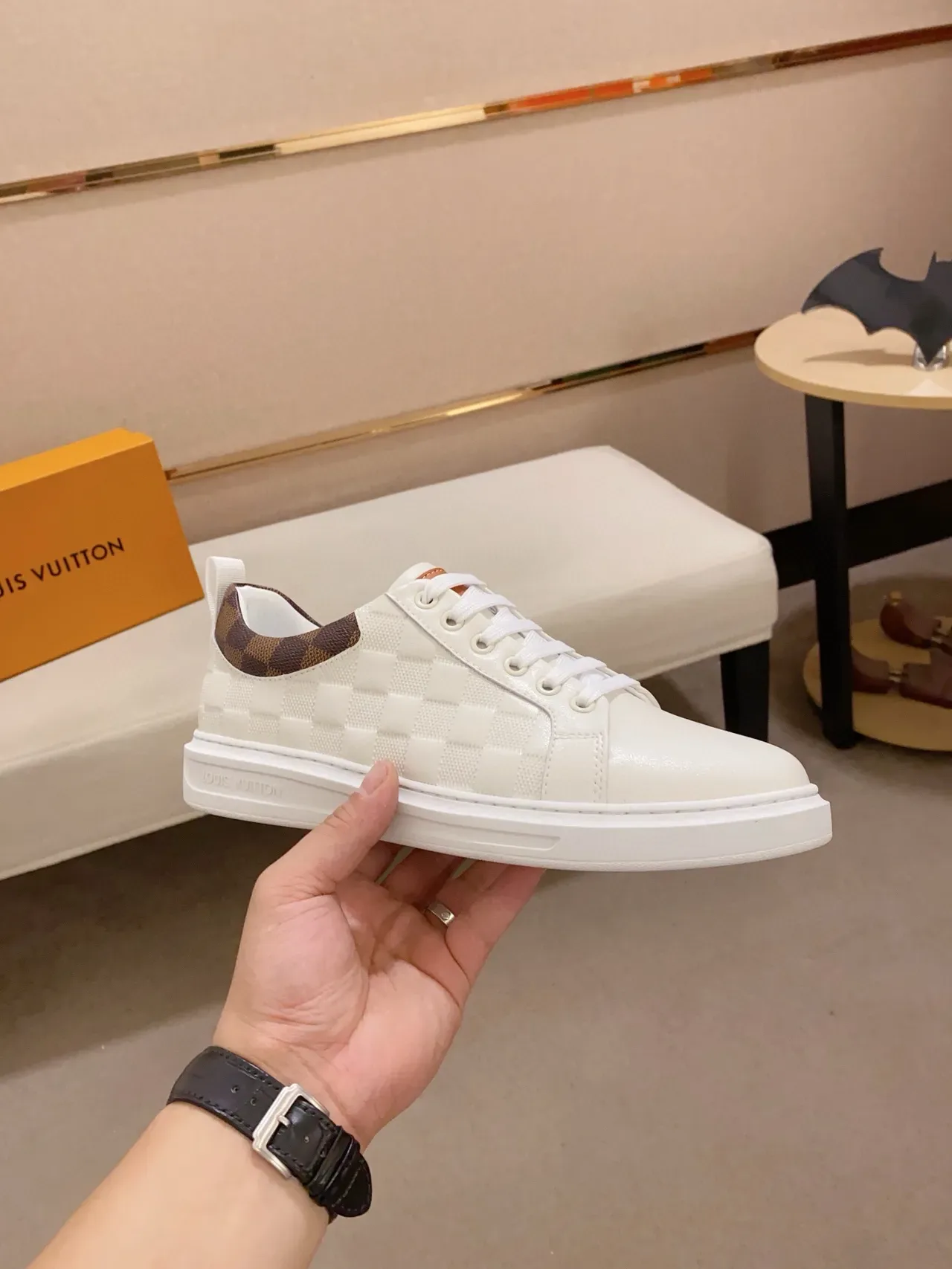Louis Vuitton White Brown Leather Upper Quilted Checkerboard Panel Lifestyle Sneakers 4