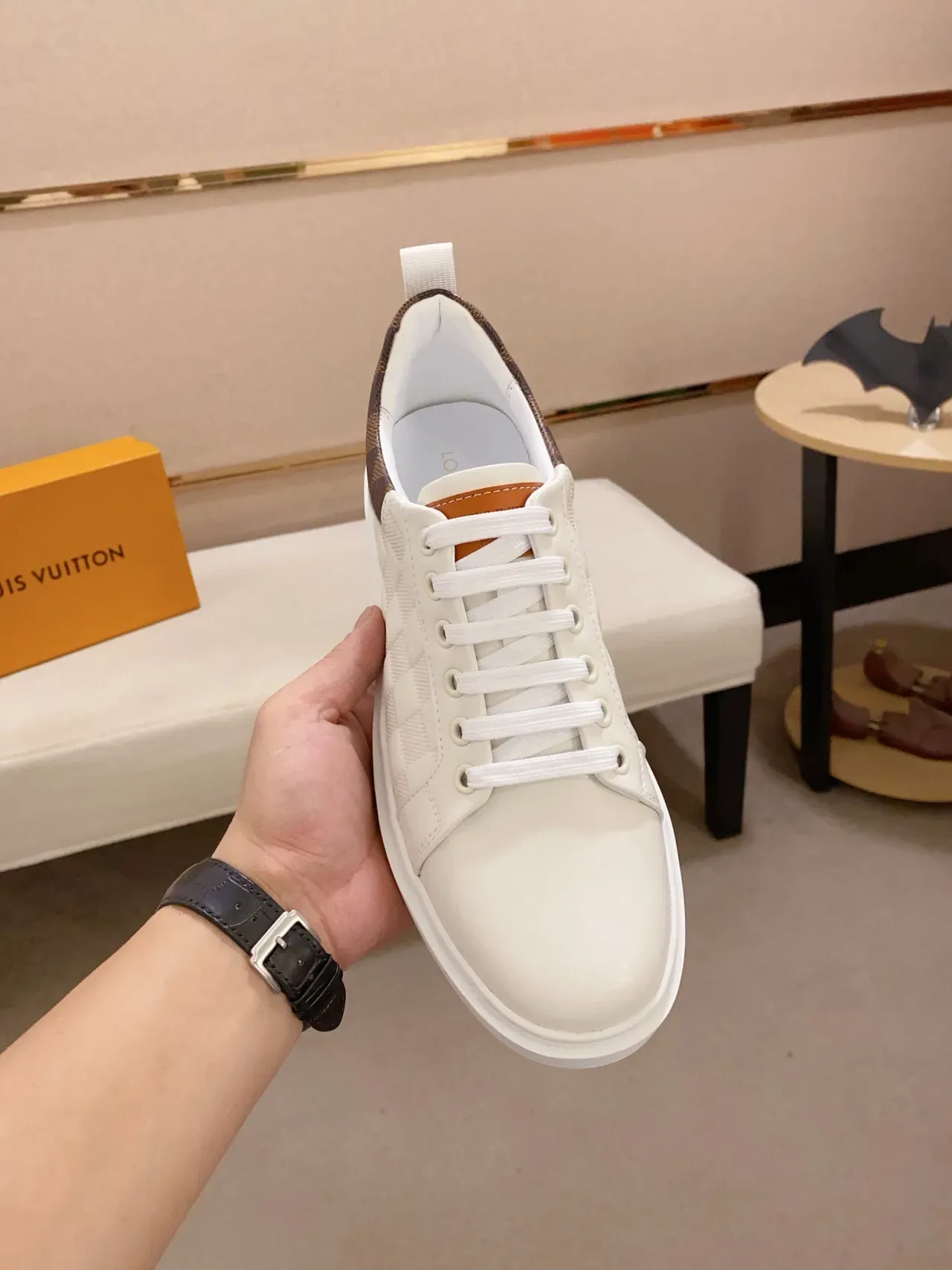 Louis Vuitton White Brown Leather Upper Quilted Checkerboard Panel Lifestyle Sneakers 5