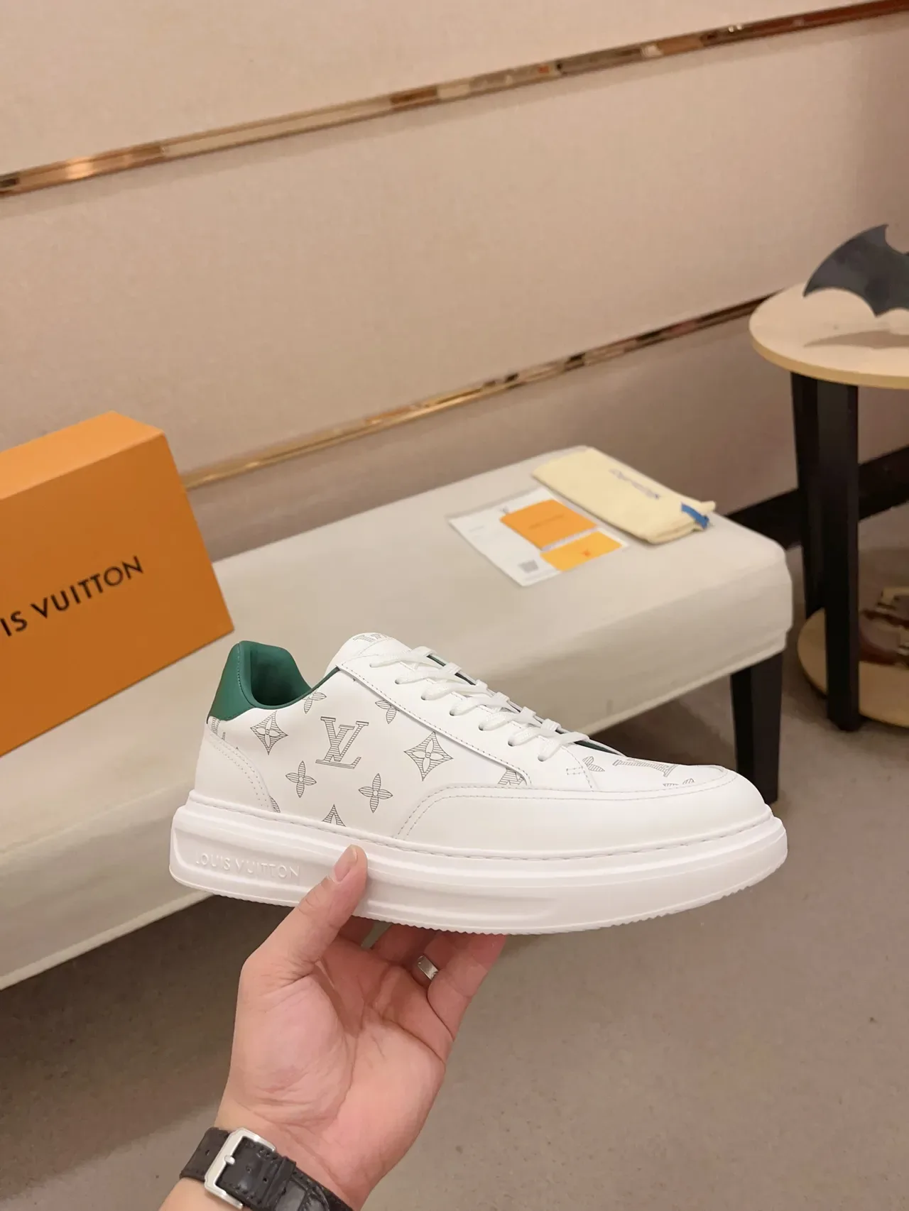 Louis Vuitton White Green Monogram-Print Leather Platform Sole Lifestyle Sneakers 2