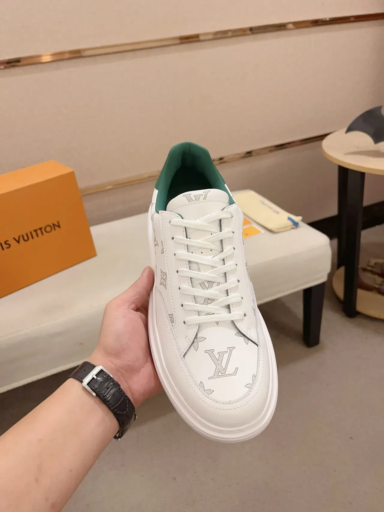 Louis Vuitton White Green Monogram-Print Leather Platform Sole Lifestyle Sneakers 5