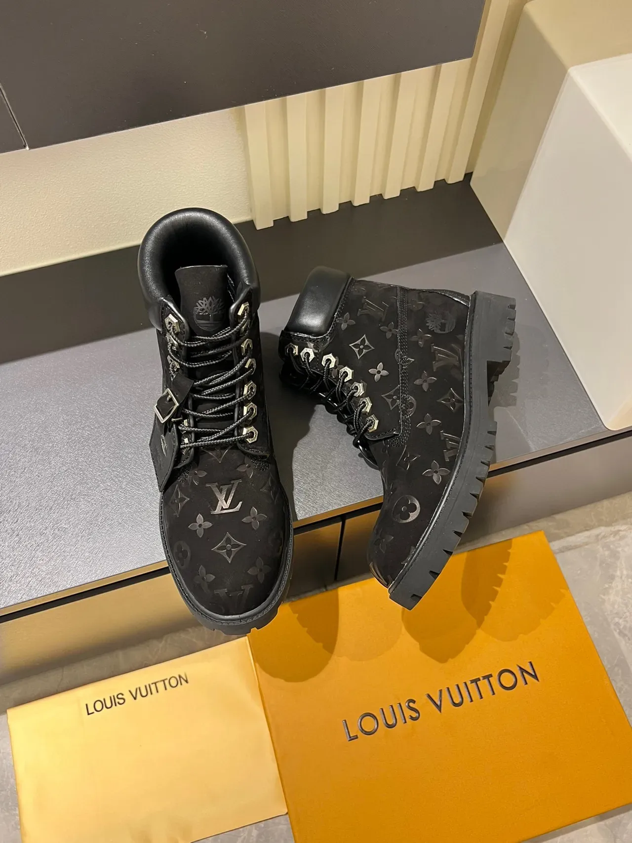 Louis Vuitton x Timberland Premium 6-Inch Monogram Black Work Boots 4