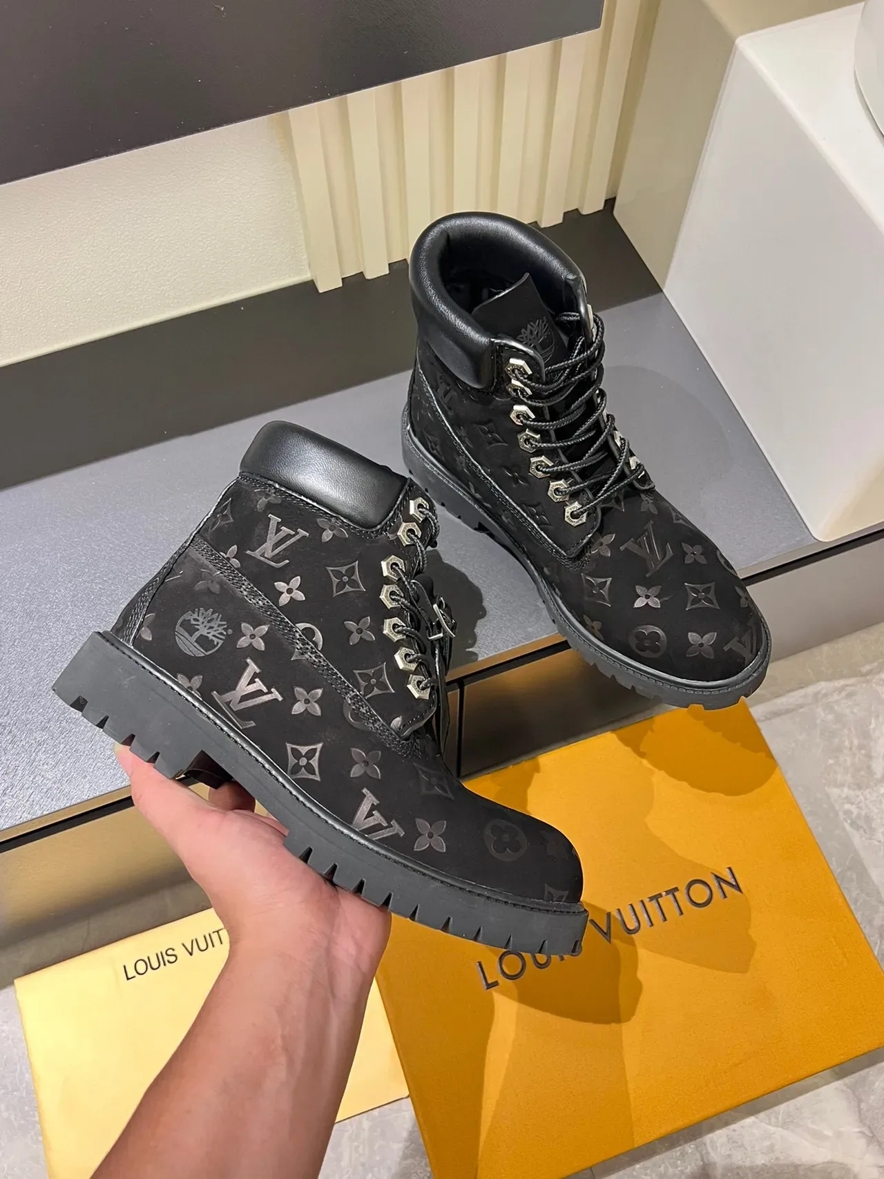 Louis Vuitton x Timberland Premium 6-Inch Monogram Black Work Boots 6