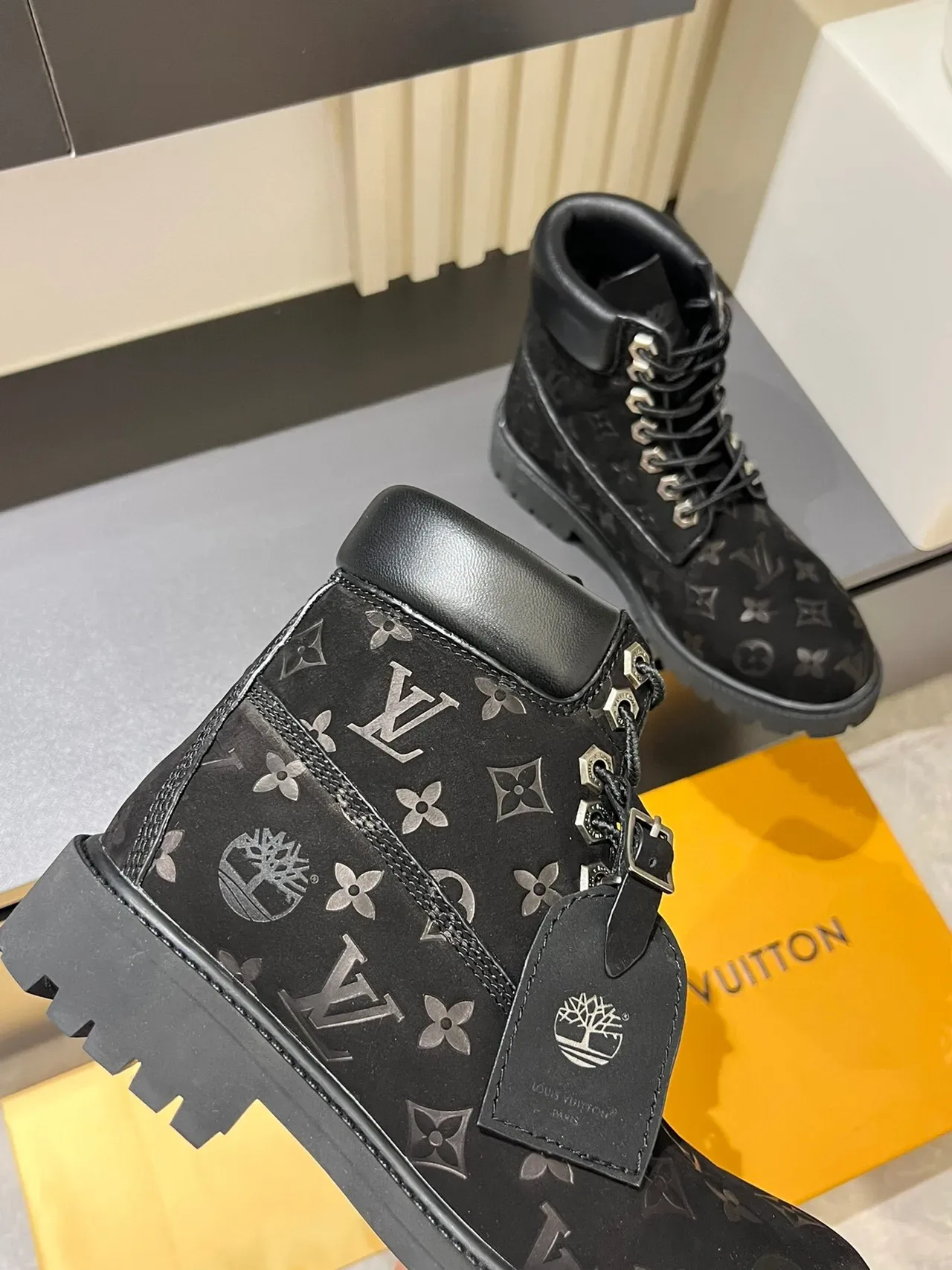 Louis Vuitton x Timberland Premium 6-Inch Monogram Black Work Boots 8