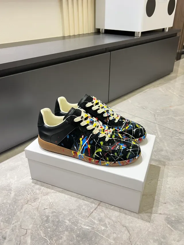 Maison Margiela Black Multicolor Paint-Splatter Print Suede Upper Lifestyle Sneakers 1
