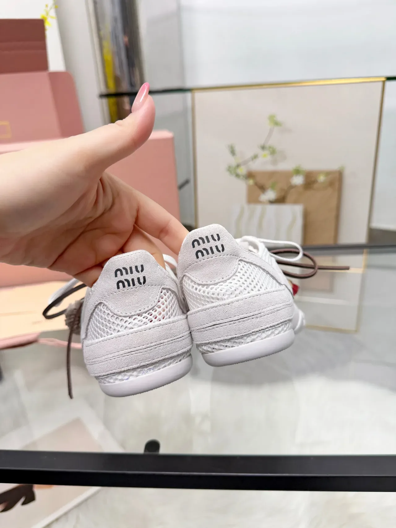 Miu Miu Beige Brown Perforated Mesh And Suede Upper Dual-Tone Laces Sneakers 2