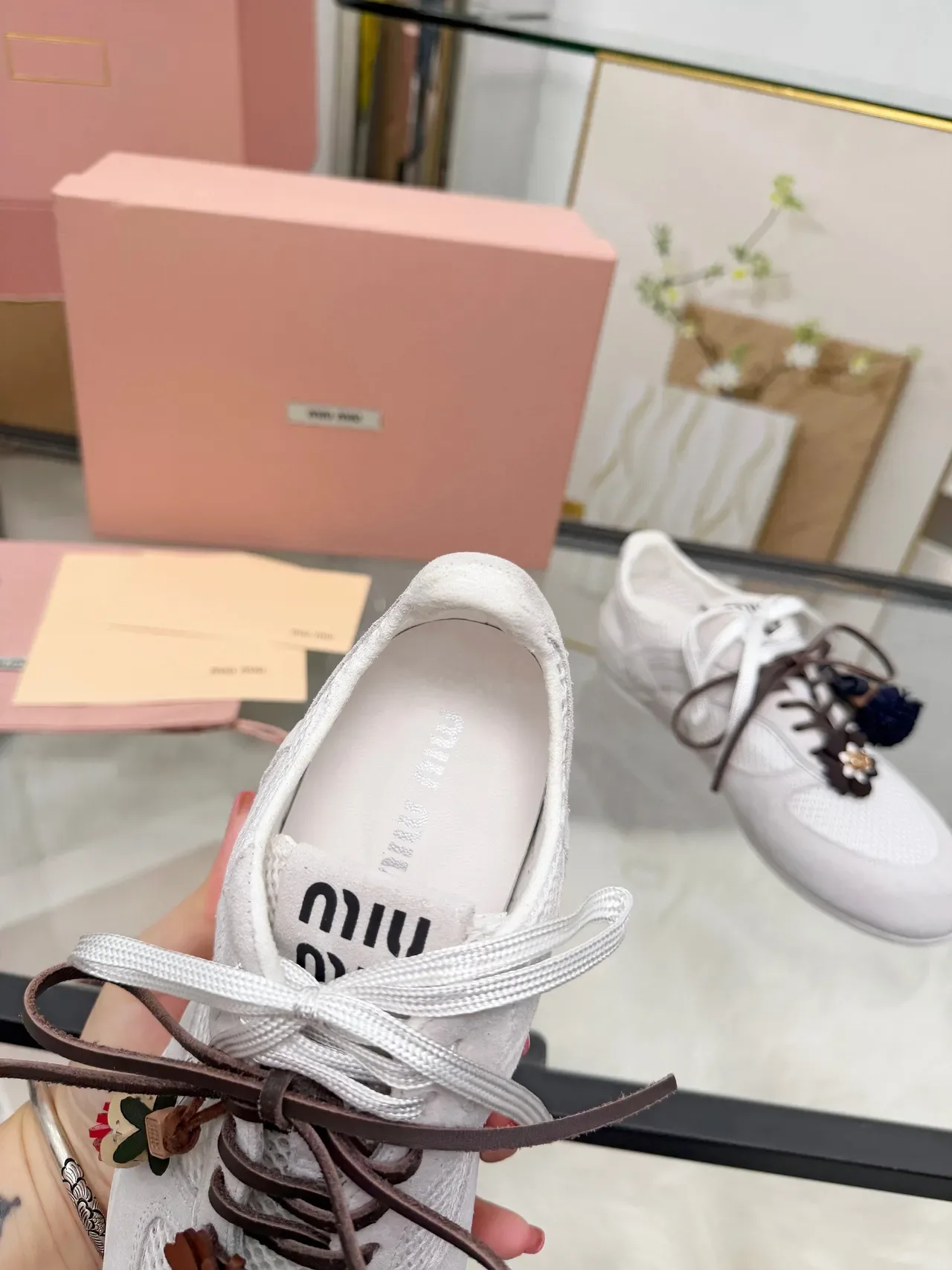 Miu Miu Beige Brown Perforated Mesh And Suede Upper Dual-Tone Laces Sneakers 3