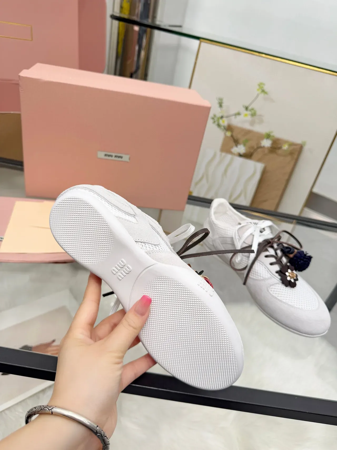 Miu Miu Beige Brown Perforated Mesh And Suede Upper Dual-Tone Laces Sneakers 4