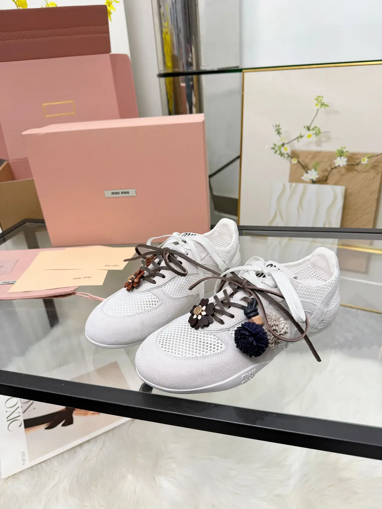 Miu Miu Beige Brown Perforated Mesh And Suede Upper Dual-Tone Laces Sneakers 5