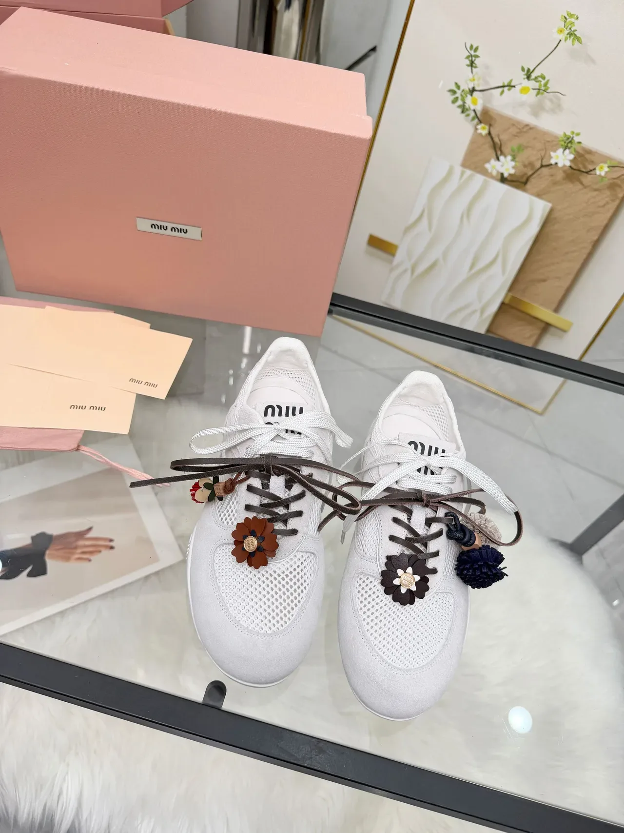 Miu Miu Beige Brown Perforated Mesh And Suede Upper Dual-Tone Laces Sneakers 6