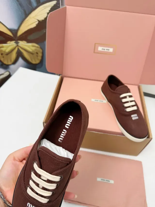 Miu Miu Brown Beige Low-Top Upper Canvas Shoes 2