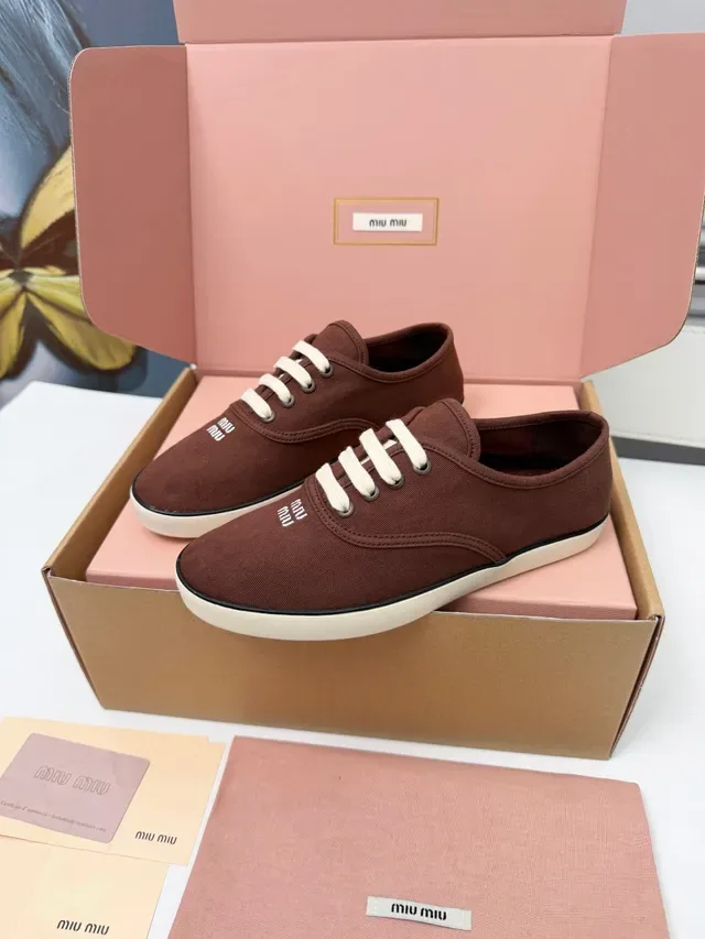 Miu Miu Brown Beige Low-Top Upper Canvas Shoes 5