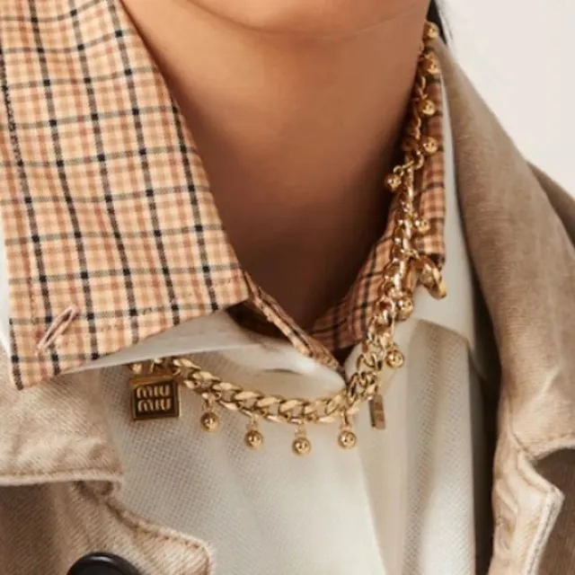 Miu Miu Logo-Charm Beaded Multi-Chain Gold Necklace 2