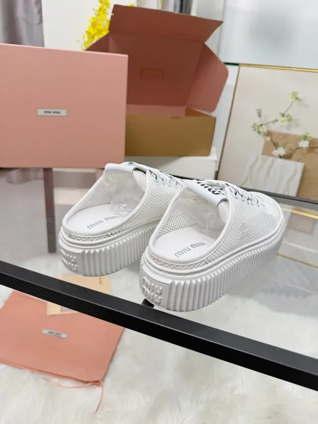 Miu Miu Platform Sneaker White Black Mesh Upper Ridged Sole Lifestyle Sneakers 4