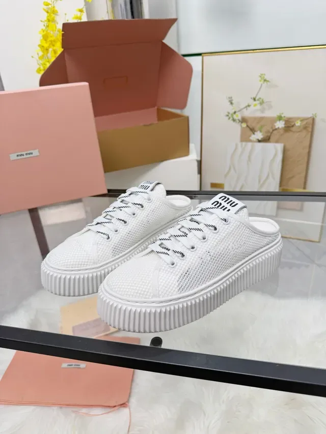 Miu Miu Platform Sneaker White Black Mesh Upper Ridged Sole Lifestyle Sneakers 5