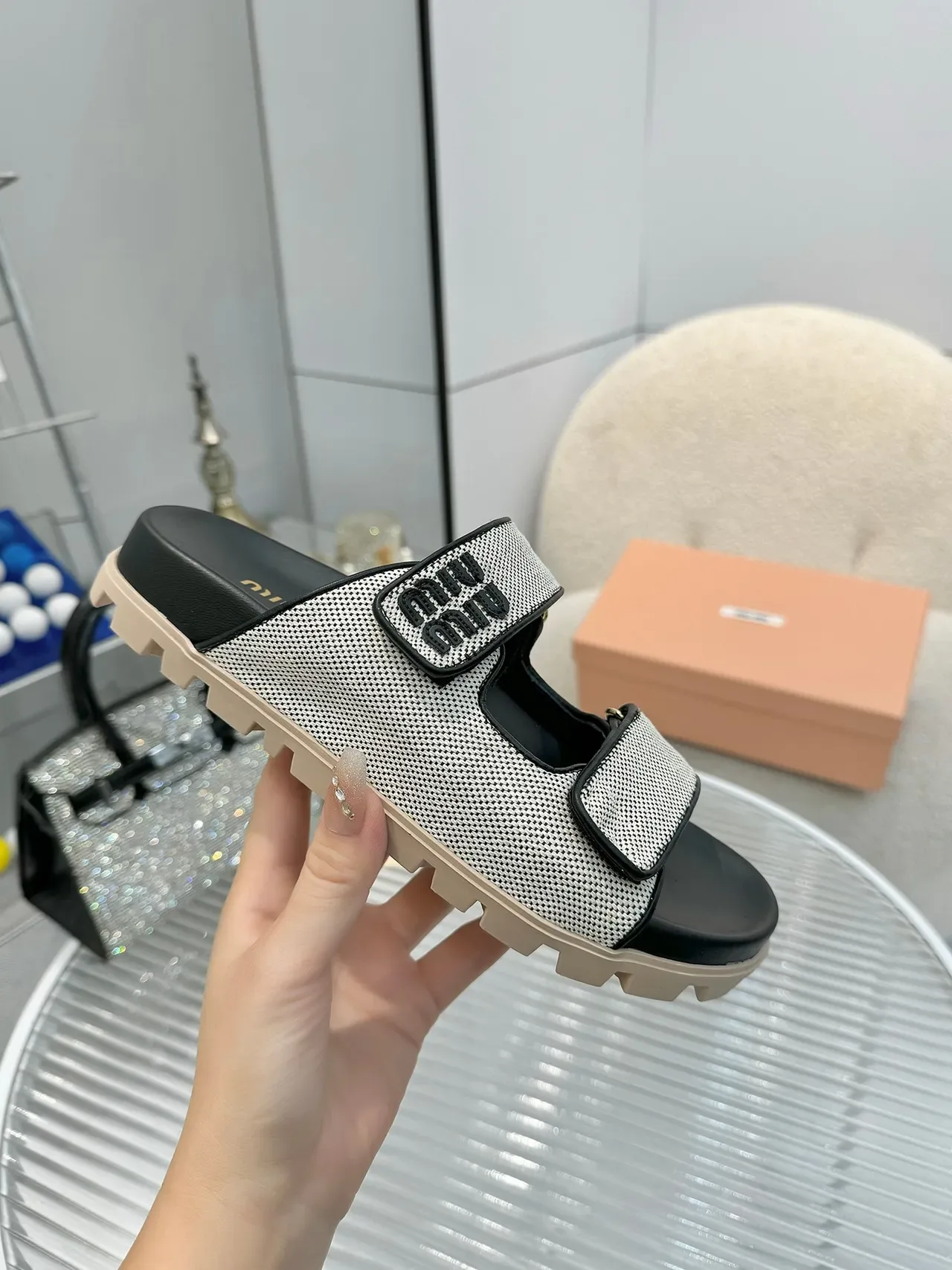 Miu Miu Wander Double-Strap Woven Mesh Slippers 4