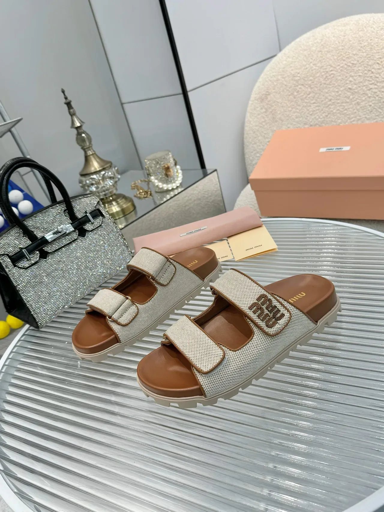 Miu Miu Wander Double-Strap Woven Mesh Slippers 6