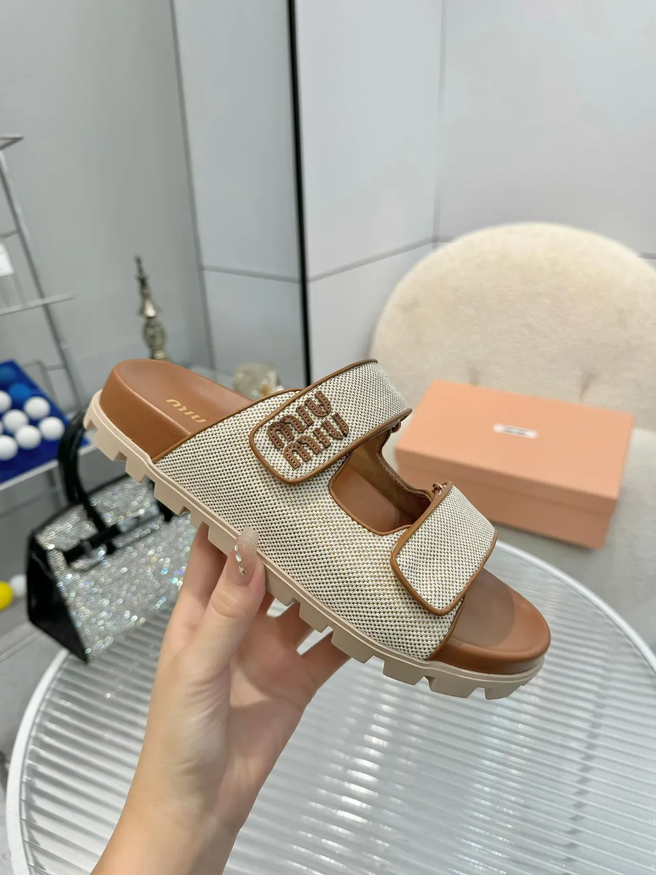 Miu Miu Wander Double-Strap Woven Mesh Slippers 7